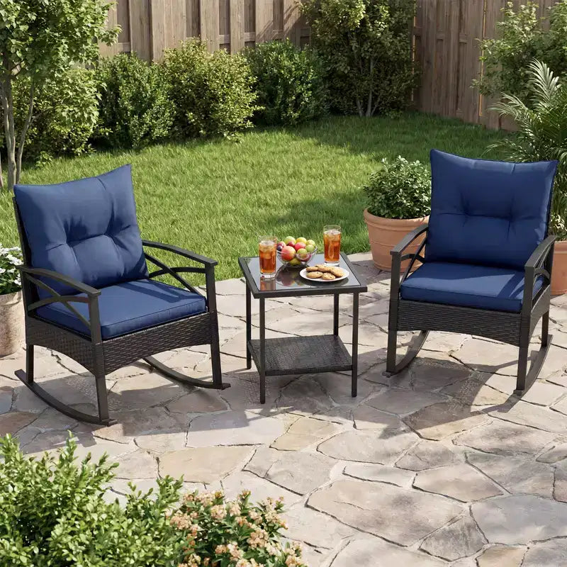Ensemble de 3 pièces Gymax pour patio avec chaises berçantes planeuses, table basse en verre trempé et coussins
