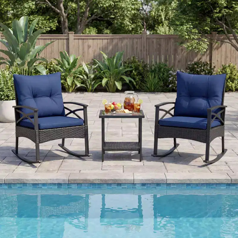 Ensemble de 3 pièces Gymax pour patio avec chaises berçantes planeuses, table basse en verre trempé et coussins