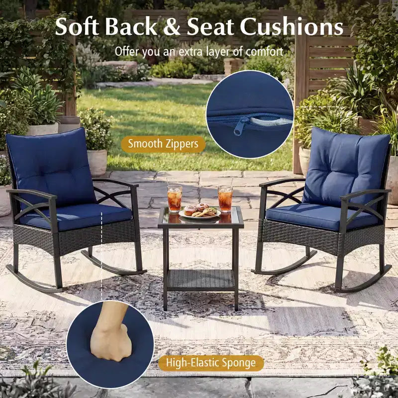 Ensemble de 3 pièces Gymax pour patio avec chaises berçantes planeuses, table basse en verre trempé et coussins