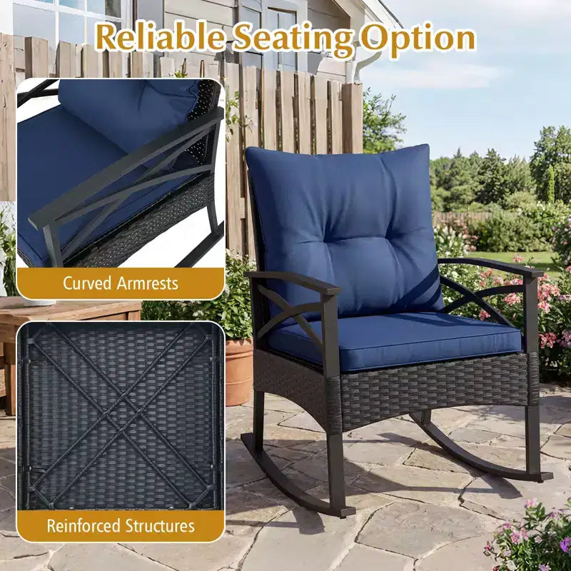 Ensemble de 3 pièces Gymax pour patio avec chaises berçantes planeuses, table basse en verre trempé et coussins