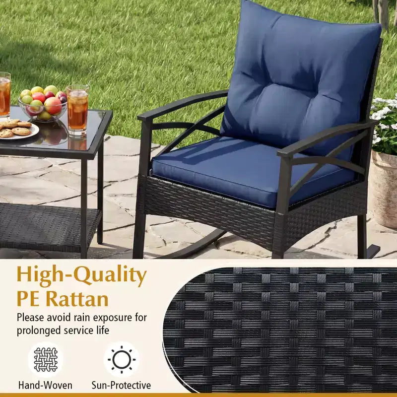 Ensemble de 3 pièces Gymax pour patio avec chaises berçantes planeuses, table basse en verre trempé et coussins