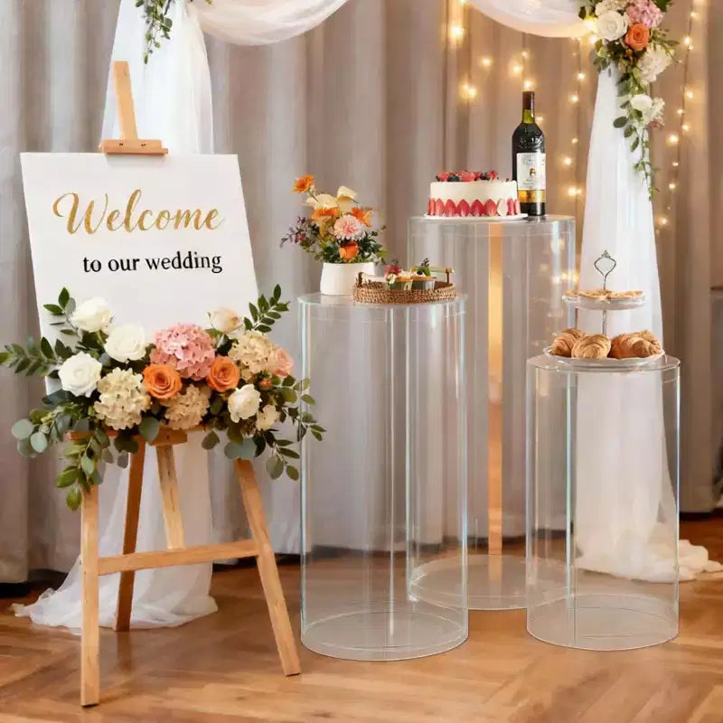 VEVOR Support de fleurs de mariage, 3 pièces 23,62/29,53/35,43 pouces, socle cylindrique rond, avec couvercle en acrylique transparent, supports piedestaux cylindriques, transparent