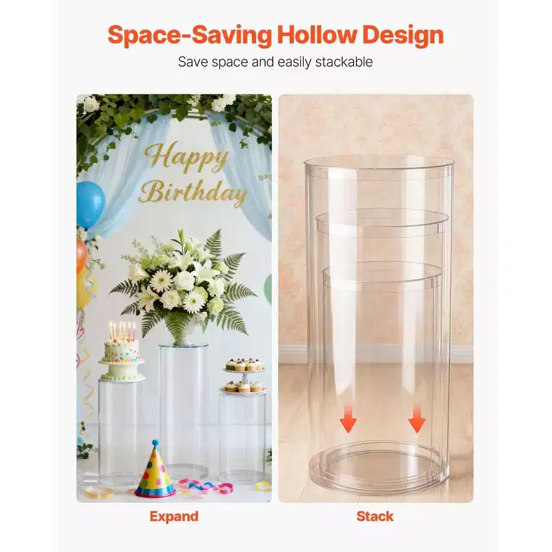 VEVOR Support de fleurs de mariage, 3 pièces 23,62/29,53/35,43 pouces, socle cylindrique rond, avec couvercle en acrylique transparent, supports piedestaux cylindriques, transparent