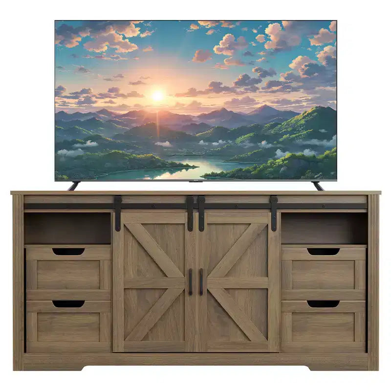 Meuble TV de ferme rustique avec portes coulissantes de grange, 4 tiroirs, étagère réglable et passe-câbles, parfait pour le salon