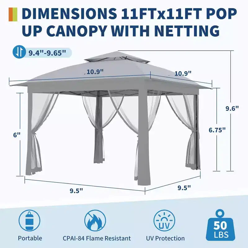 Tente Gazebo Instantanée Pop-Up 11x11 avec Moustiquaire, Abri Extérieur Imperméable pour Jardin & Patio, Sac de Transport Portable Inclus