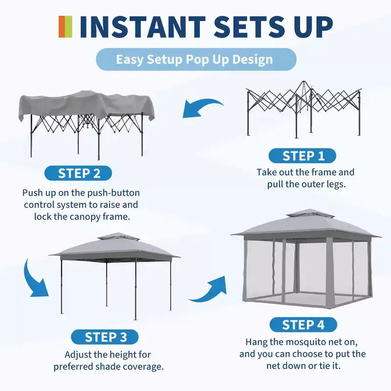 Tente Gazebo Instantanée Pop-Up 11x11 avec Moustiquaire, Abri Extérieur Imperméable pour Jardin & Patio, Sac de Transport Portable Inclus