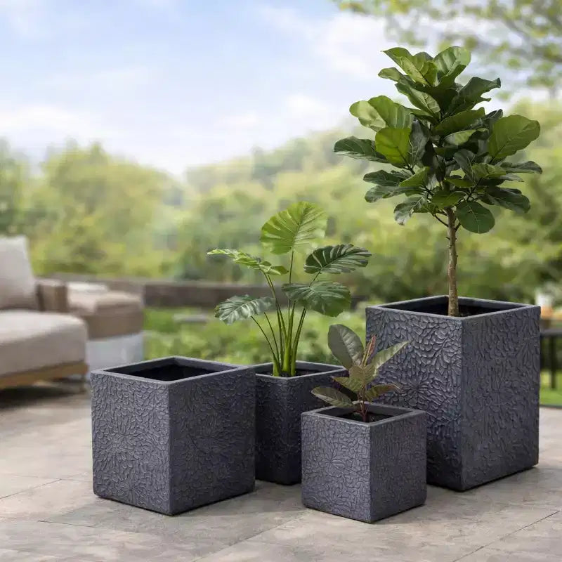 Ensemble de 4 jardinières carrées en oxyde de magnésium avec trous de drainage, pots de fleurs modernes gris pour intérieur/extérieur, grandes jardinières décoratives pour patio et jardin