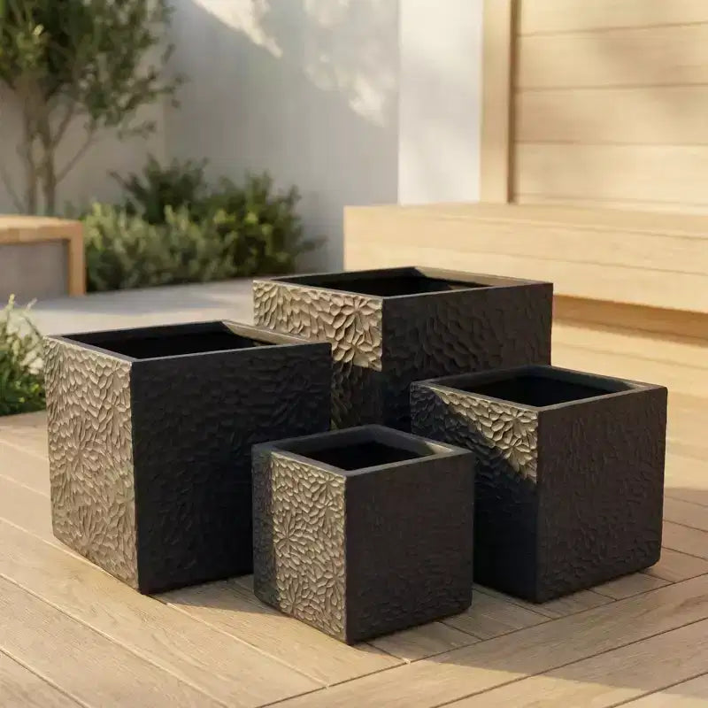 Ensemble de 4 jardinières carrées en oxyde de magnésium avec trous de drainage, pots de fleurs modernes gris pour intérieur/extérieur, grandes jardinières décoratives pour patio et jardin