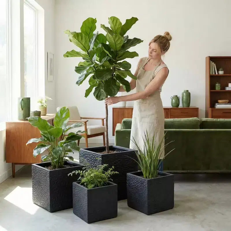 Ensemble de 4 jardinières carrées en oxyde de magnésium avec trous de drainage, pots de fleurs modernes gris pour intérieur/extérieur, grandes jardinières décoratives pour patio et jardin
