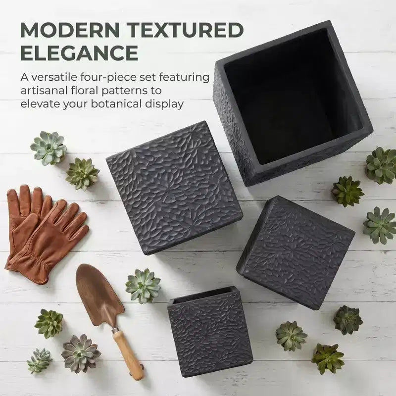 Ensemble de 4 jardinières carrées en oxyde de magnésium avec trous de drainage, pots de fleurs modernes gris pour intérieur/extérieur, grandes jardinières décoratives pour patio et jardin
