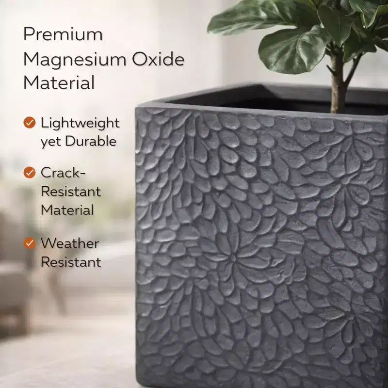 Ensemble de 4 jardinières carrées en oxyde de magnésium avec trous de drainage, pots de fleurs modernes gris pour intérieur/extérieur, grandes jardinières décoratives pour patio et jardin
