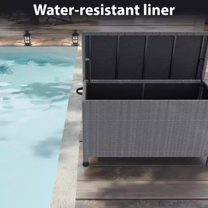 Coffre de rangement de jardin en rotin PE étanche, 473 litres, avec poignées et roulettes, pour jardin, balcon, porche, piscine, cour.