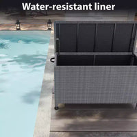 Grand coffre de terrasse 125 gallons impermeable en rotin PE, coffre de rangement d'extérieur avec poignees et roues, bac de rangement pour jardin, balcon, porche, piscine et cour