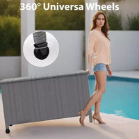 Grand coffre de terrasse 125 gallons impermeable en rotin PE, coffre de rangement d'extérieur avec poignees et roues, bac de rangement pour jardin, balcon, porche, piscine et cour
