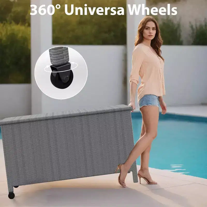 Grand coffre de terrasse 125 gallons impermeable en rotin PE, coffre de rangement d'extérieur avec poignees et roues, bac de rangement pour jardin, balcon, porche, piscine et cour