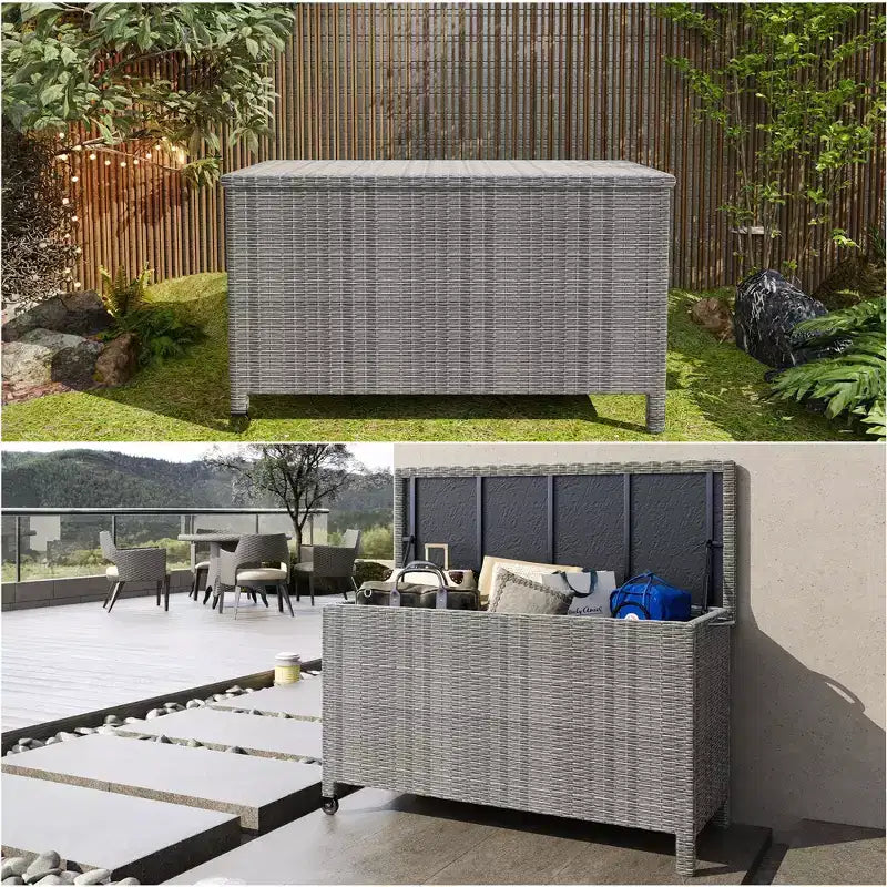 Grand coffre de terrasse 125 gallons impermeable en rotin PE, coffre de rangement d'extérieur avec poignees et roues, bac de rangement pour jardin, balcon, porche, piscine et cour