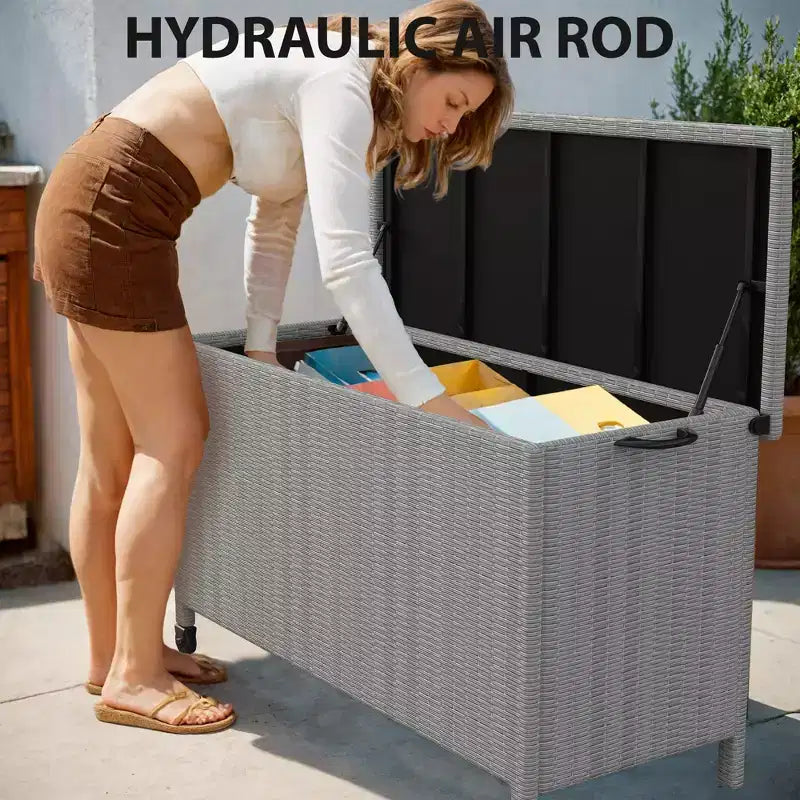 Grand coffre de terrasse 125 gallons impermeable en rotin PE, coffre de rangement d'extérieur avec poignees et roues, bac de rangement pour jardin, balcon, porche, piscine et cour