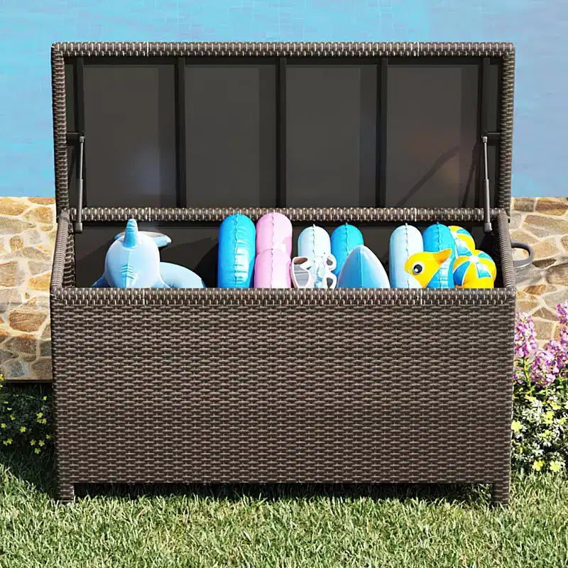 Grand coffre de terrasse 125 gallons impermeable en rotin PE, coffre de rangement d'extérieur avec poignees et roues, bac de rangement pour jardin, balcon, porche, piscine et cour