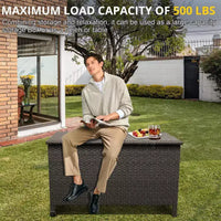 Grand coffre de terrasse 125 gallons impermeable en rotin PE, coffre de rangement d'extérieur avec poignees et roues, bac de rangement pour jardin, balcon, porche, piscine et cour