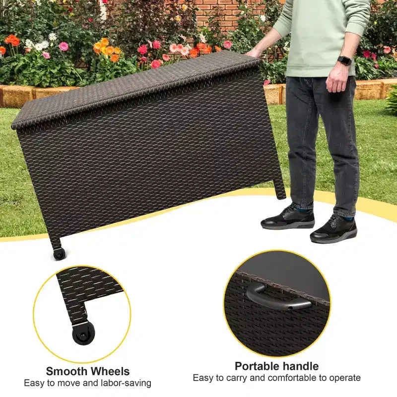 Coffre de rangement de jardin en rotin PE étanche, 473 litres, avec poignées et roulettes, pour jardin, balcon, porche, piscine, cour.