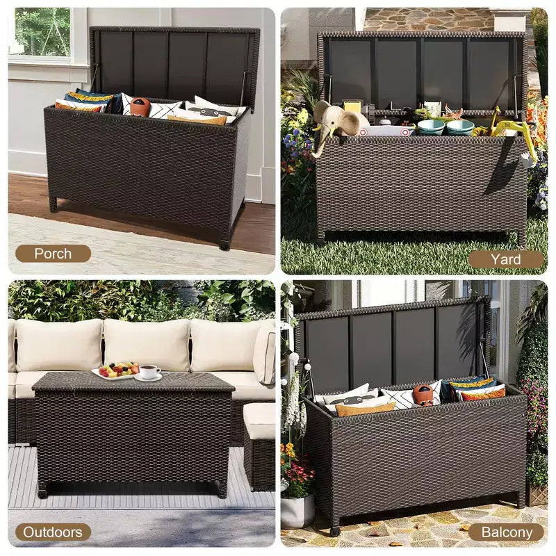 Coffre de rangement de jardin en rotin PE étanche, 473 litres, avec poignées et roulettes, pour jardin, balcon, porche, piscine, cour.