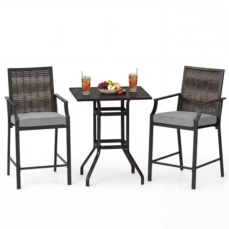 Gymax Ensemble de bar extérieur 3 pièces Table de bar haute de terrasse et chaises en rotin osier avec coussins