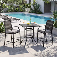 Gymax Ensemble de bar extérieur 3 pièces Table de bar haute de terrasse et chaises en rotin osier avec coussins