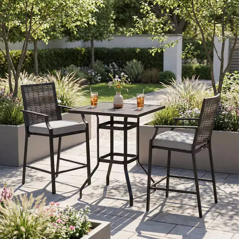 Gymax Ensemble de bar extérieur 3 pièces Table de bar haute de terrasse et chaises en rotin osier avec coussins