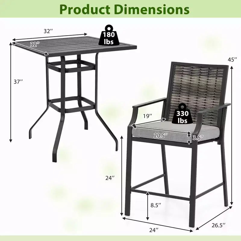 Gymax Ensemble de bar extérieur 3 pièces Table de bar haute de terrasse et chaises en rotin osier avec coussins