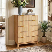 Commode cannelée moderne 5 tiroirs pour chambre, tour de rangement verticale à poignées dorées, commode étroite pour petit espace