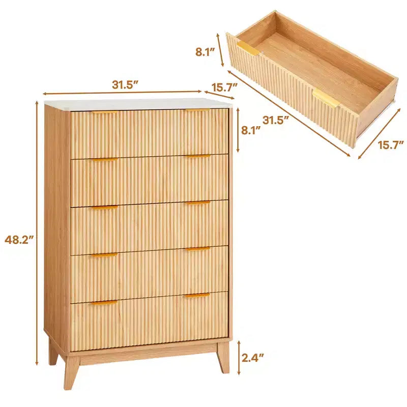 Commode cannelée moderne 5 tiroirs pour chambre, tour de rangement verticale à poignées dorées, commode étroite pour petit espace