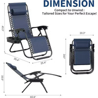 CuisinSmart Chaises zero gravite lot de 2. Chaises de patio inclinables reglables avec oreiller et plateau porte-gobelet. Chaises antigravite pliantes portables