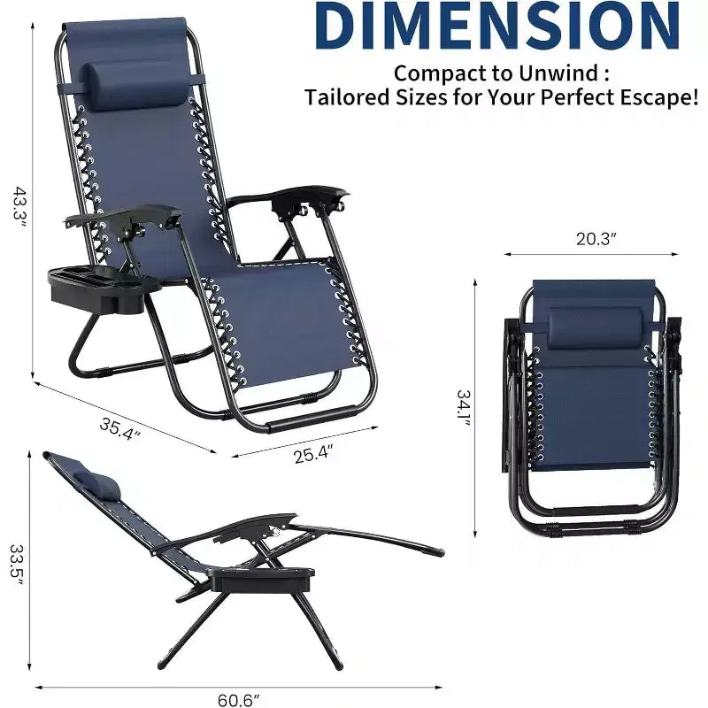 CuisinSmart Chaises zero gravite lot de 2. Chaises de patio inclinables reglables avec oreiller et plateau porte-gobelet. Chaises antigravite pliantes portables