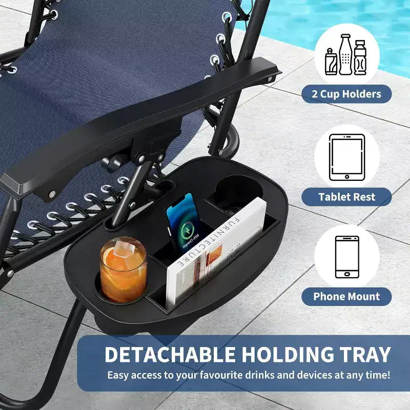 CuisinSmart Chaises zero gravite lot de 2. Chaises de patio inclinables reglables avec oreiller et plateau porte-gobelet. Chaises antigravite pliantes portables