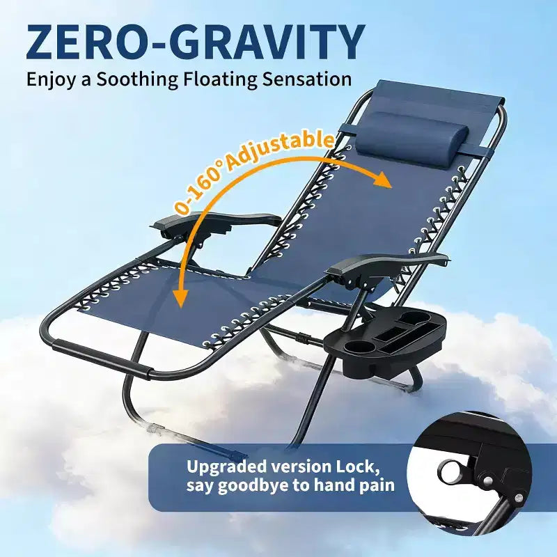 CuisinSmart Chaises zero gravite lot de 2. Chaises de patio inclinables reglables avec oreiller et plateau porte-gobelet. Chaises antigravite pliantes portables