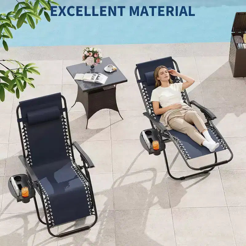 CuisinSmart Chaises zero gravite lot de 2. Chaises de patio inclinables reglables avec oreiller et plateau porte-gobelet. Chaises antigravite pliantes portables