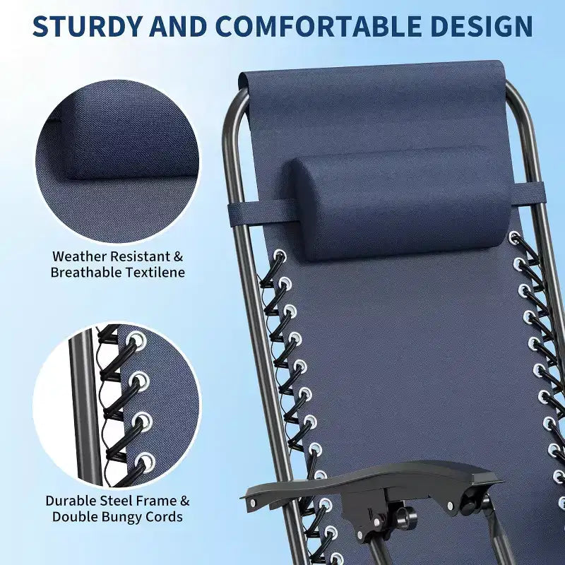 CuisinSmart Chaises zero gravite lot de 2. Chaises de patio inclinables reglables avec oreiller et plateau porte-gobelet. Chaises antigravite pliantes portables