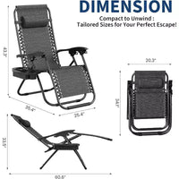 CuisinSmart Chaises zero gravite lot de 2. Chaises de patio inclinables reglables avec oreiller et plateau porte-gobelet. Chaises antigravite pliantes portables
