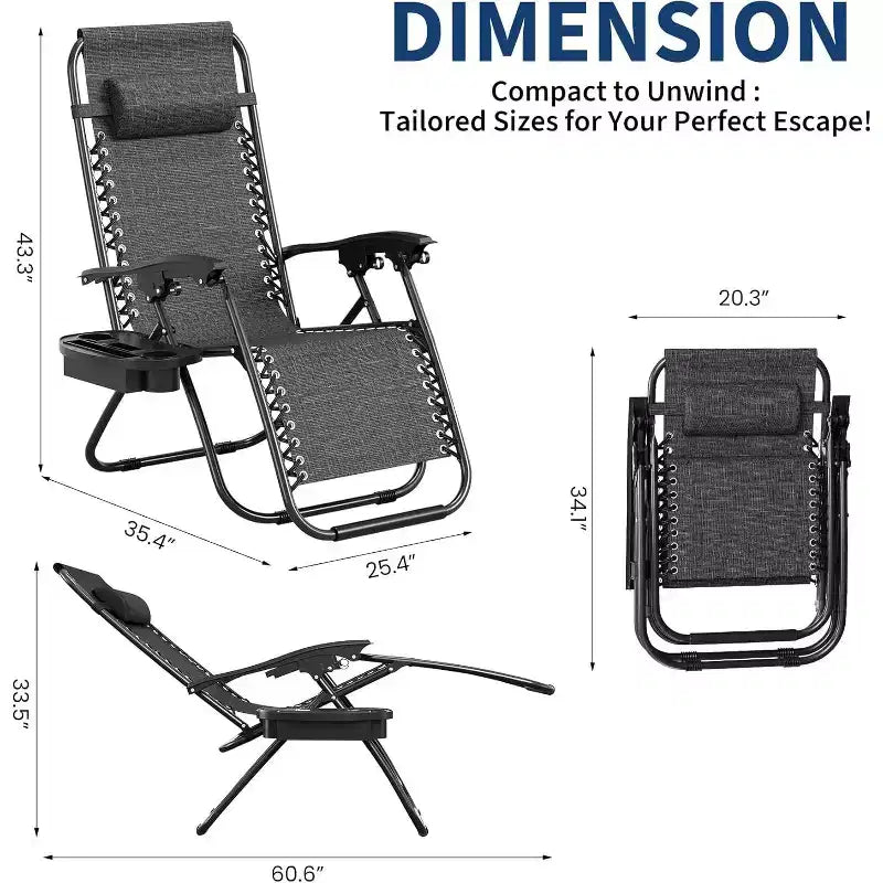 CuisinSmart Chaises zero gravite lot de 2. Chaises de patio inclinables reglables avec oreiller et plateau porte-gobelet. Chaises antigravite pliantes portables