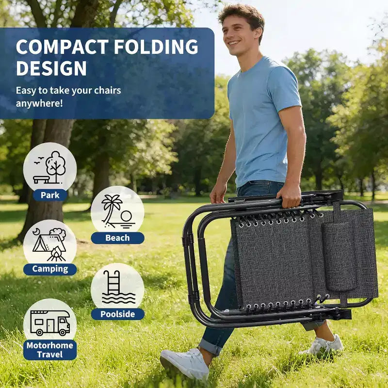 CuisinSmart Chaises zero gravite lot de 2. Chaises de patio inclinables reglables avec oreiller et plateau porte-gobelet. Chaises antigravite pliantes portables