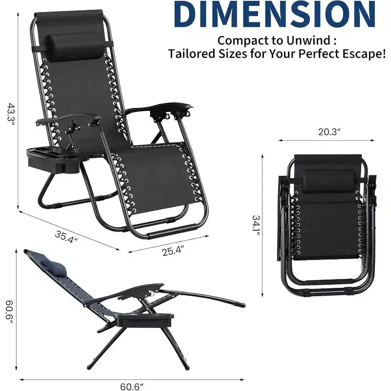 CuisinSmart Chaises zero gravite lot de 2. Chaises de patio inclinables reglables avec oreiller et plateau porte-gobelet. Chaises antigravite pliantes portables