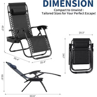 CuisinSmart Chaises zero gravite lot de 2. Chaises de patio inclinables reglables avec oreiller et plateau porte-gobelet. Chaises antigravite pliantes portables