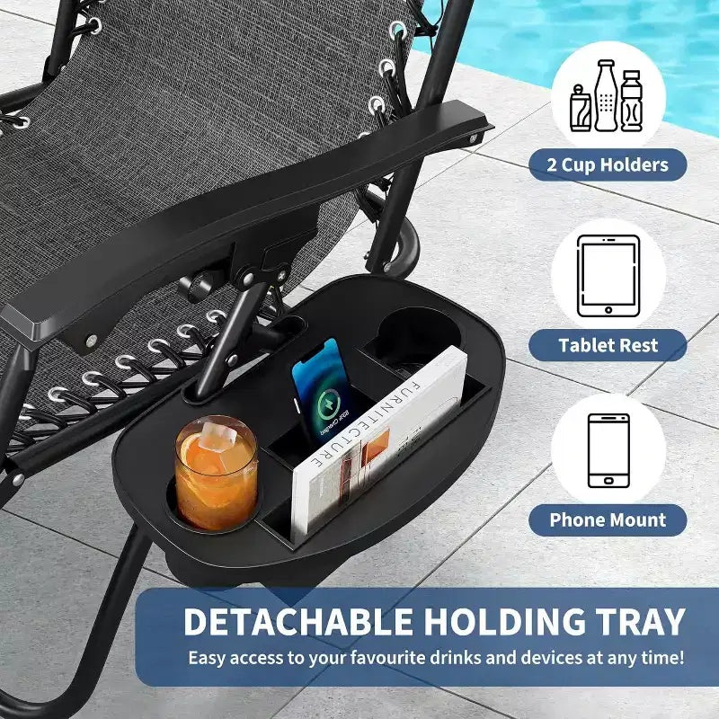 CuisinSmart Chaises zero gravite lot de 2. Chaises de patio inclinables reglables avec oreiller et plateau porte-gobelet. Chaises antigravite pliantes portables