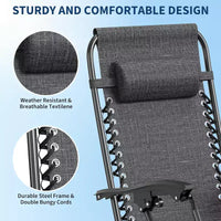 CuisinSmart Chaises zero gravite lot de 2. Chaises de patio inclinables reglables avec oreiller et plateau porte-gobelet. Chaises antigravite pliantes portables