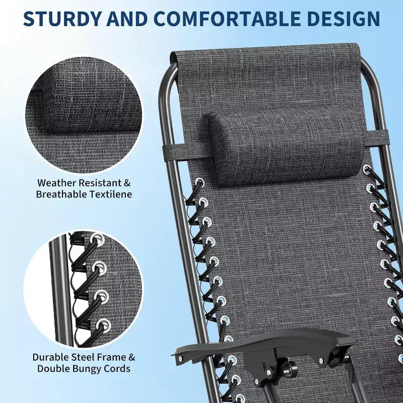 CuisinSmart Chaises zero gravite lot de 2. Chaises de patio inclinables reglables avec oreiller et plateau porte-gobelet. Chaises antigravite pliantes portables