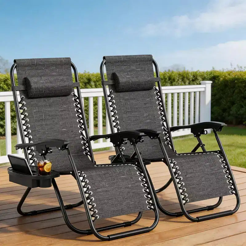 CuisinSmart Chaises zero gravite lot de 2. Chaises de patio inclinables reglables avec oreiller et plateau porte-gobelet. Chaises antigravite pliantes portables