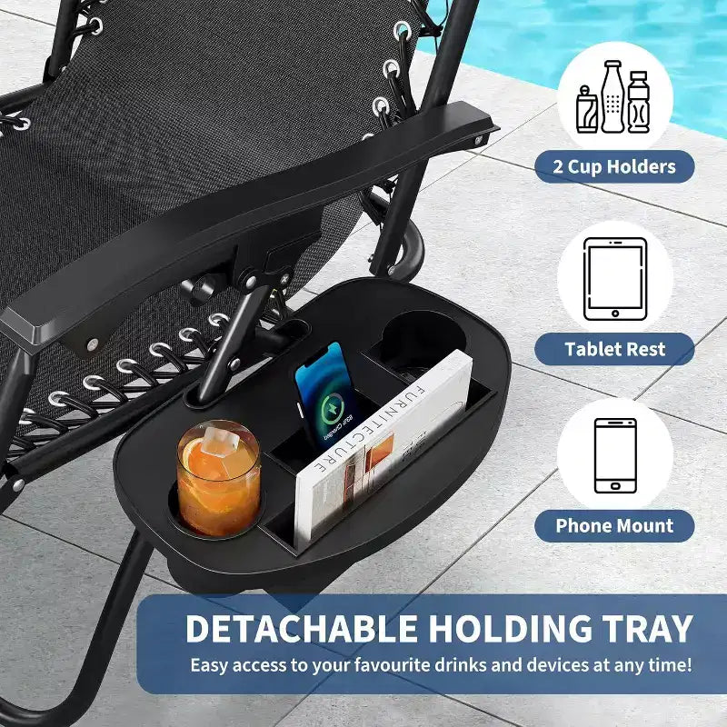 CuisinSmart Chaises zero gravite lot de 2. Chaises de patio inclinables reglables avec oreiller et plateau porte-gobelet. Chaises antigravite pliantes portables