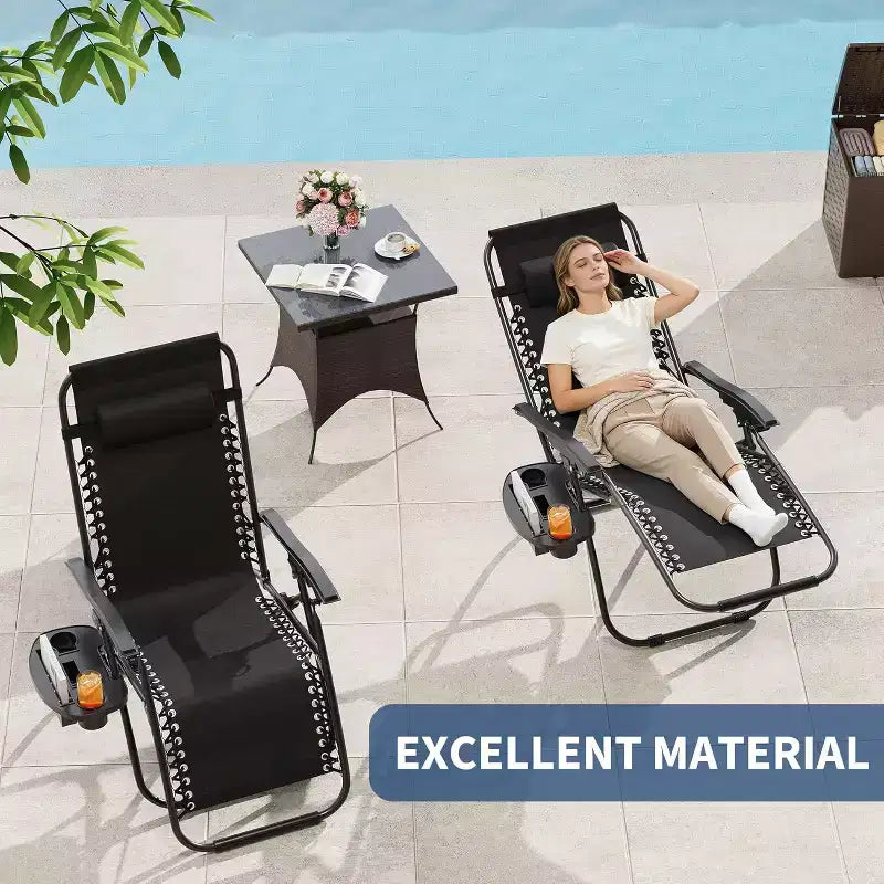 CuisinSmart Chaises zero gravite lot de 2. Chaises de patio inclinables reglables avec oreiller et plateau porte-gobelet. Chaises antigravite pliantes portables