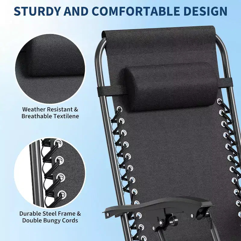 CuisinSmart Chaises zero gravite lot de 2. Chaises de patio inclinables reglables avec oreiller et plateau porte-gobelet. Chaises antigravite pliantes portables