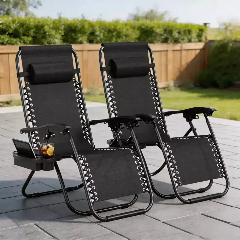 CuisinSmart Zero-Gravity Chairs Set of 2. Adjustable Reclining Patio Chairs with Pillow&Cup Holder Tray. Folding Portable Antigravity Chairs